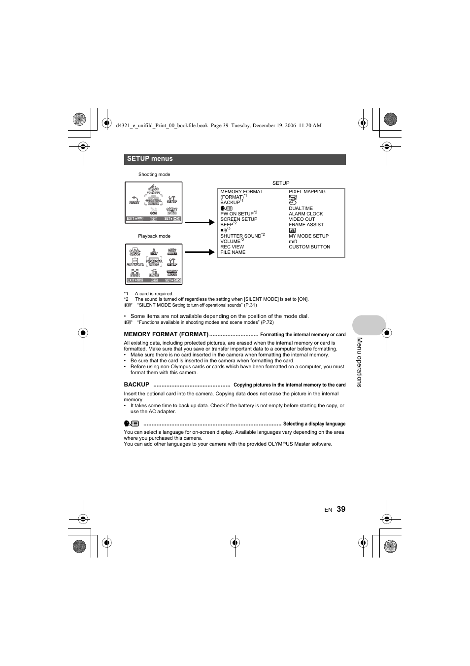 Menu op erat ion s, Setup menus, Backup | Olympus SP-550 UZ User Manual | Page 39 / 100