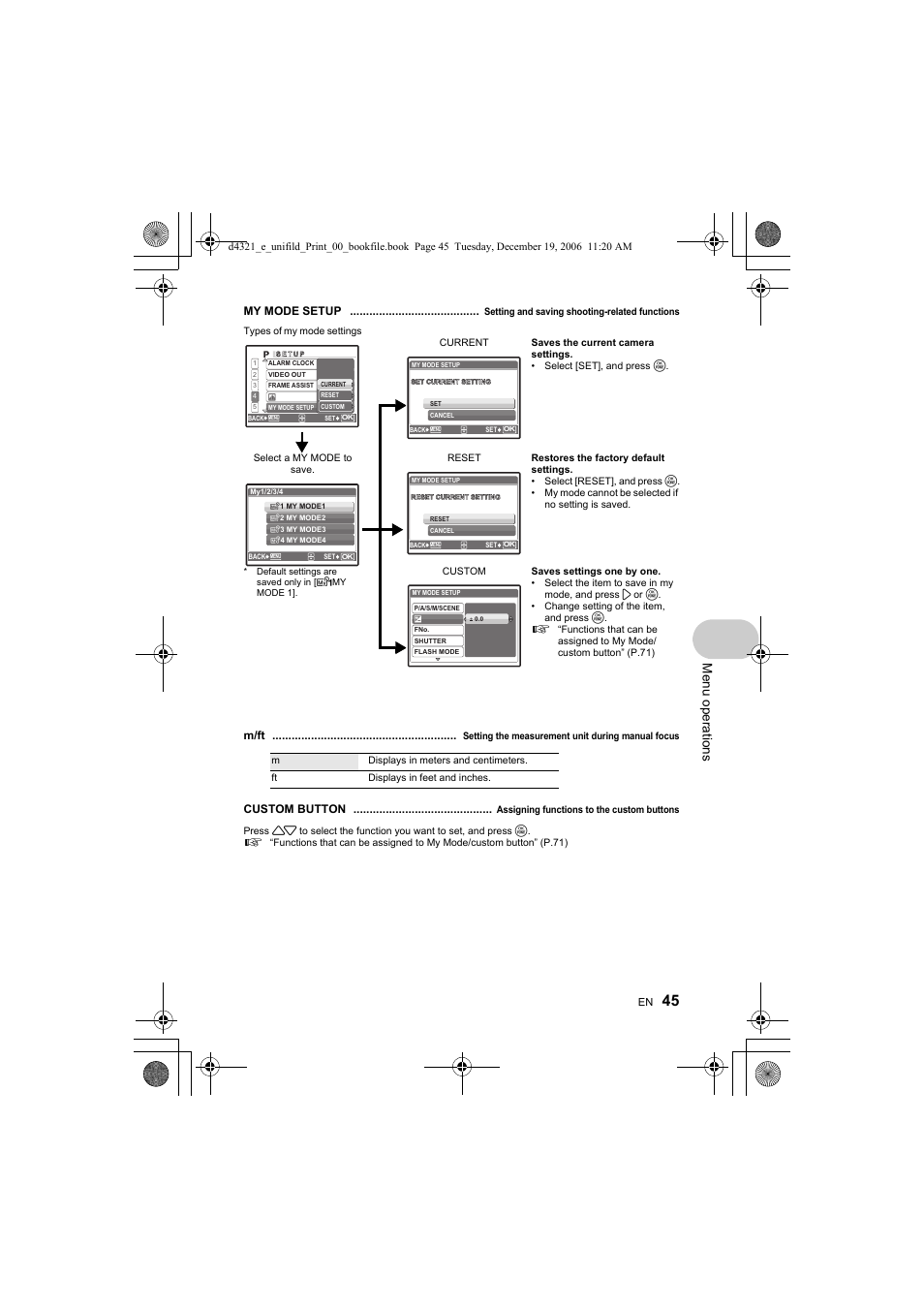 Menu op erat ion s, My mode setup, M/ft | Custom button | Olympus SP-550 UZ User Manual | Page 45 / 100