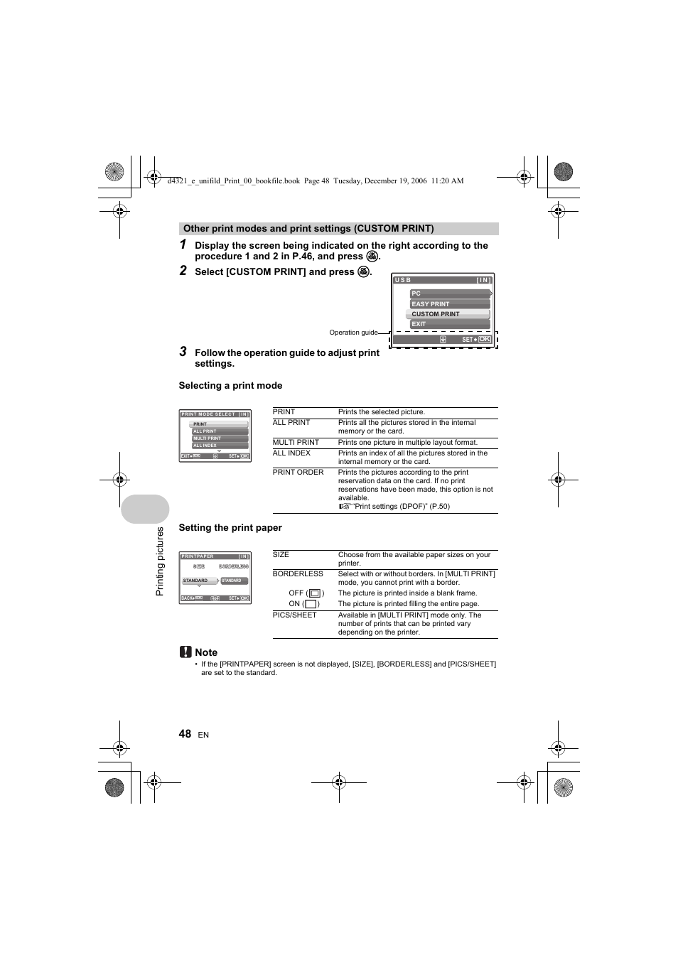 Print ing pic tures, Select [custom print] and press o, Setting the print paper | Olympus SP-550 UZ User Manual | Page 48 / 100
