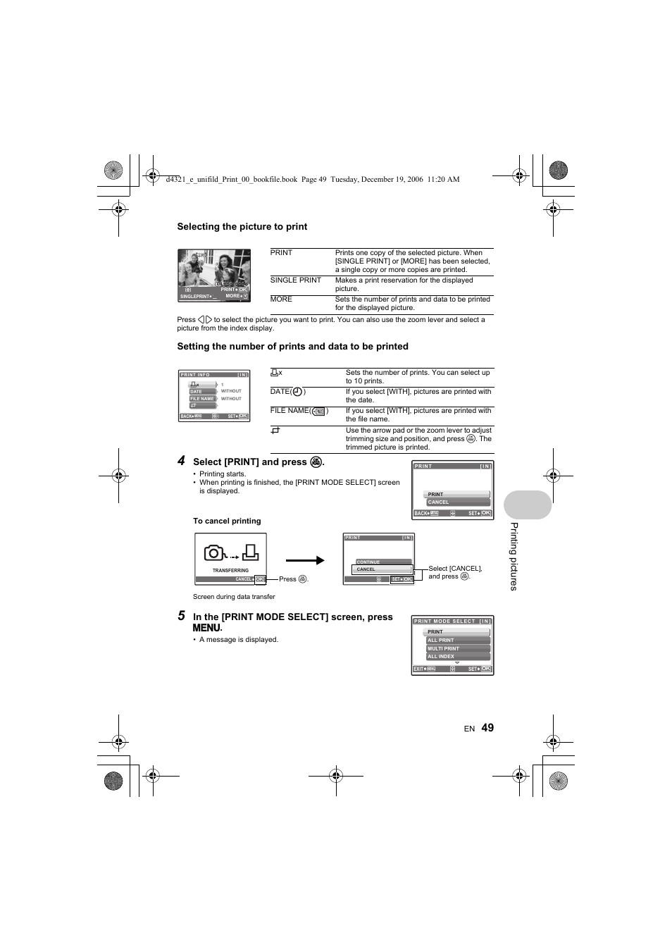 Print ing pi ctu re s, Select [print] and press o, Selecting the picture to print | Olympus SP-550 UZ User Manual | Page 49 / 100