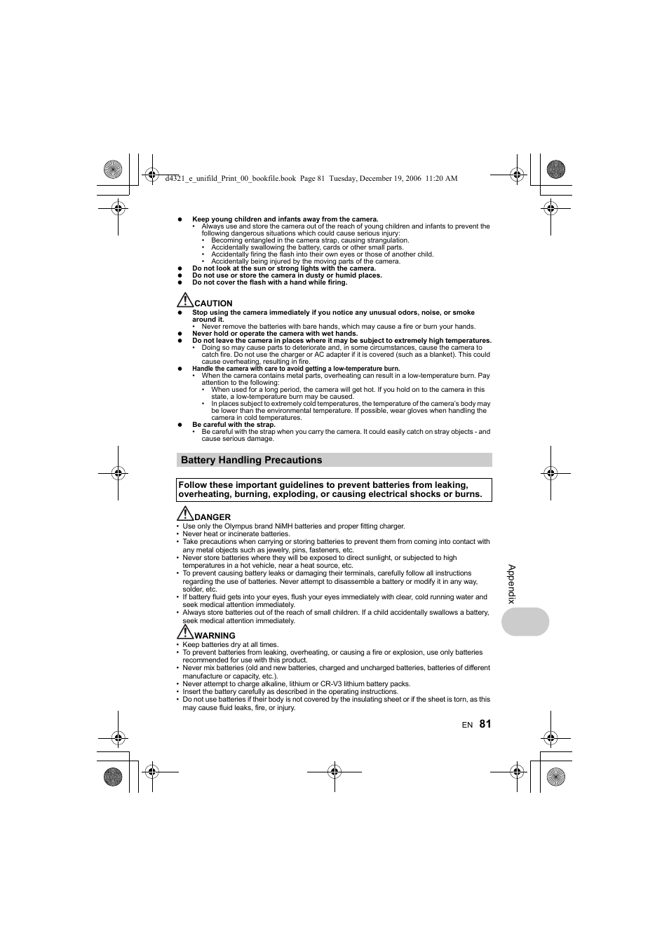 Battery handling precautions | Olympus SP-550 UZ User Manual | Page 81 / 100