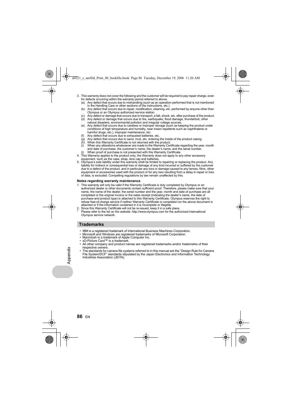 Trademarks | Olympus SP-550 UZ User Manual | Page 86 / 100