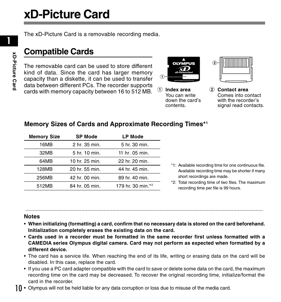 Xd-picture card, Compatible cards | Olympus DS-4000 User Manual | Page 10 / 88