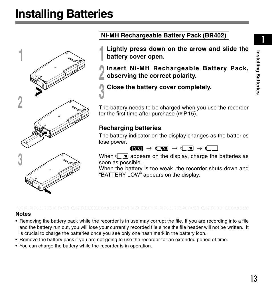 Installing batteries | Olympus DS-4000 User Manual | Page 13 / 88