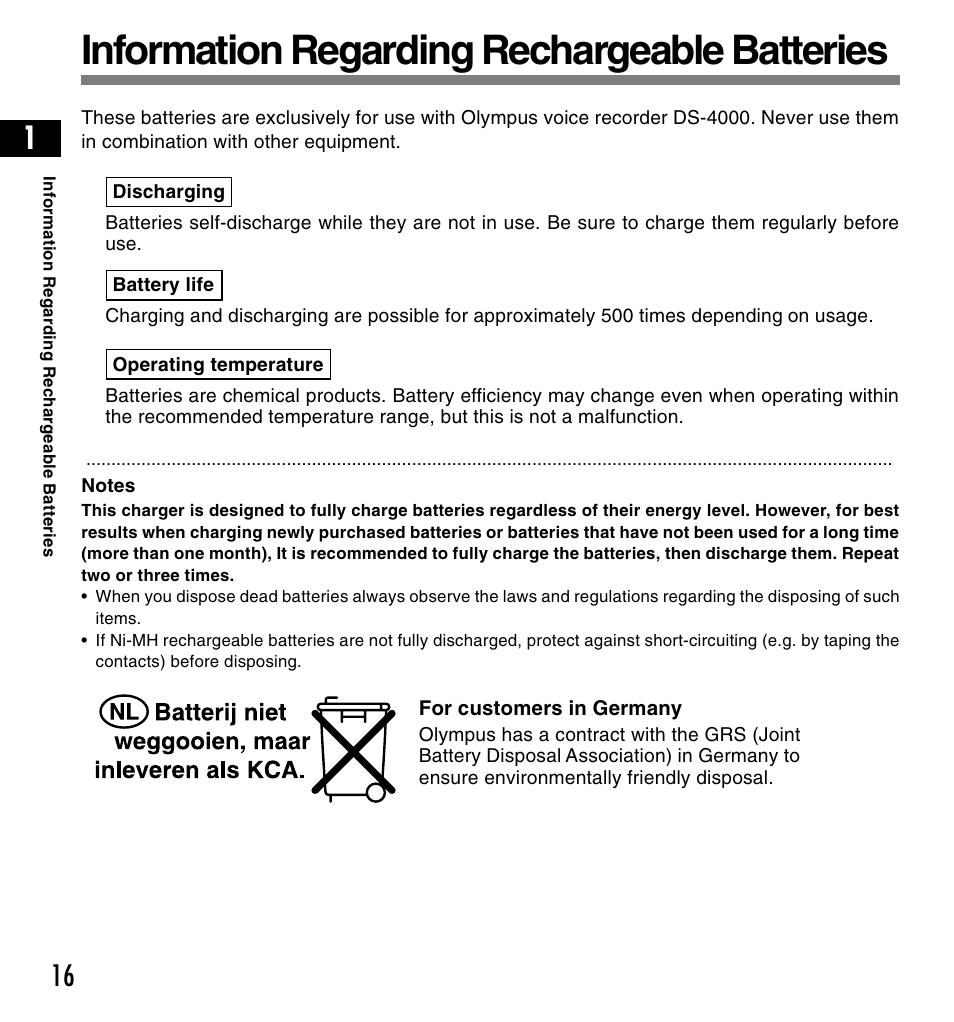Information regarding rechargeable batteries | Olympus DS-4000 User Manual | Page 16 / 88
