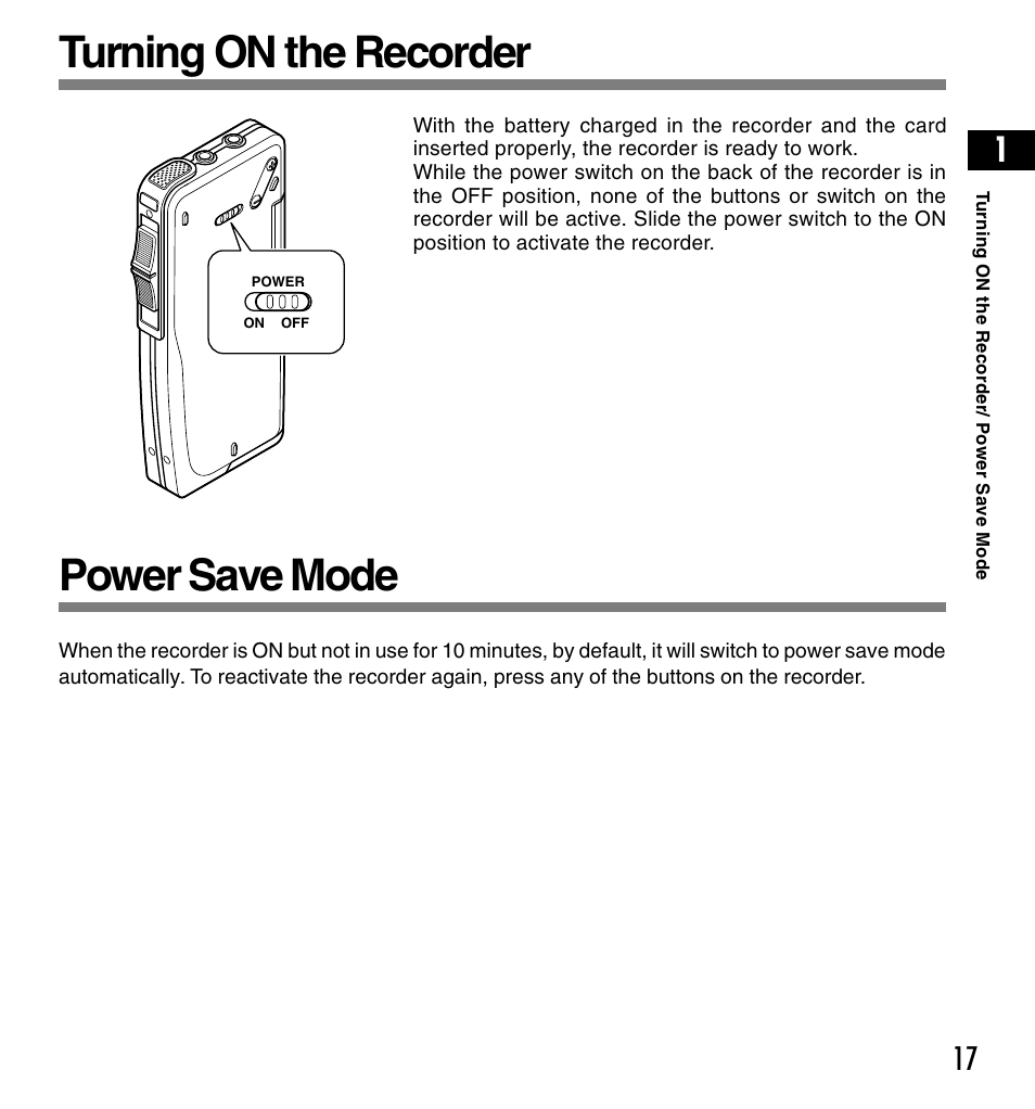 Turning on the recorder, Power save mode | Olympus DS-4000 User Manual | Page 17 / 88