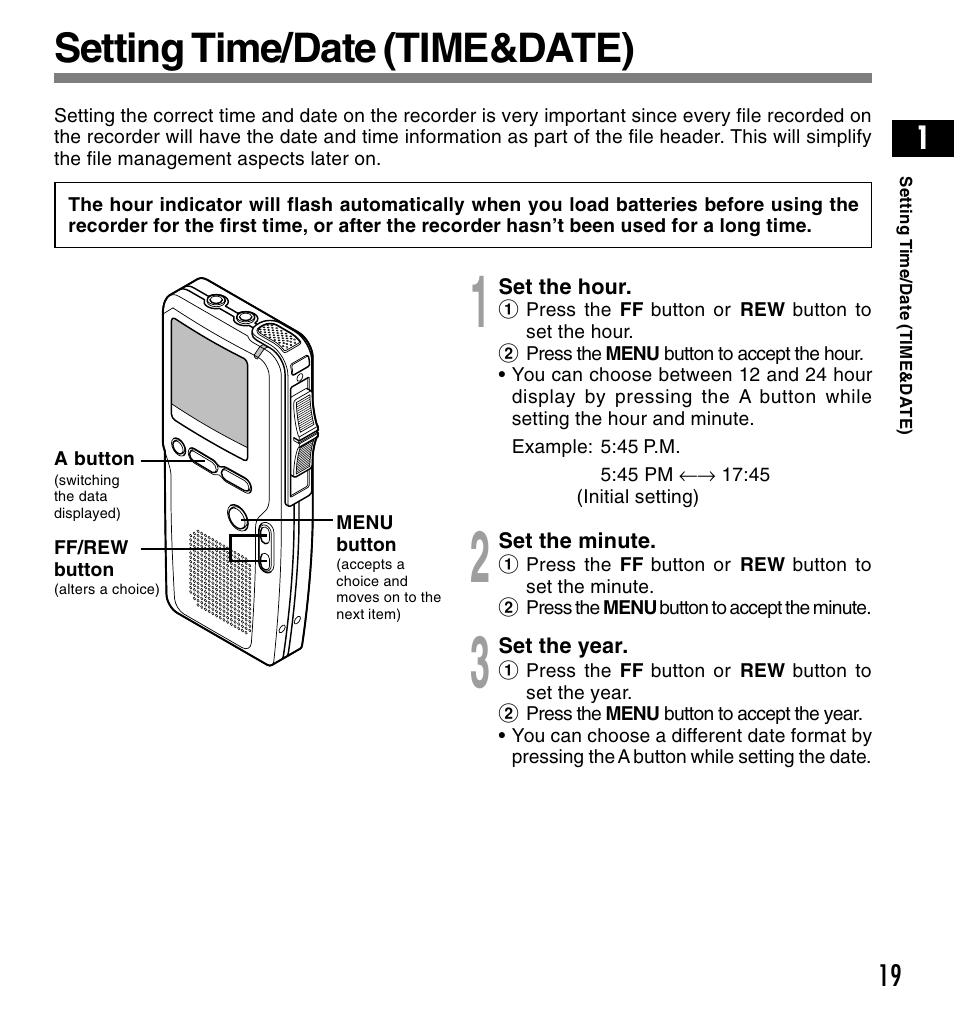 Setting time/date (time&date) | Olympus DS-4000 User Manual | Page 19 / 88