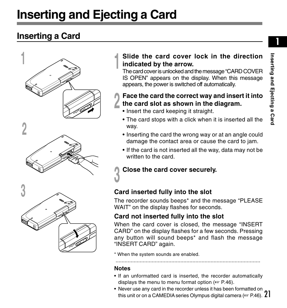 Inserting and ejecting a card | Olympus DS-4000 User Manual | Page 21 / 88