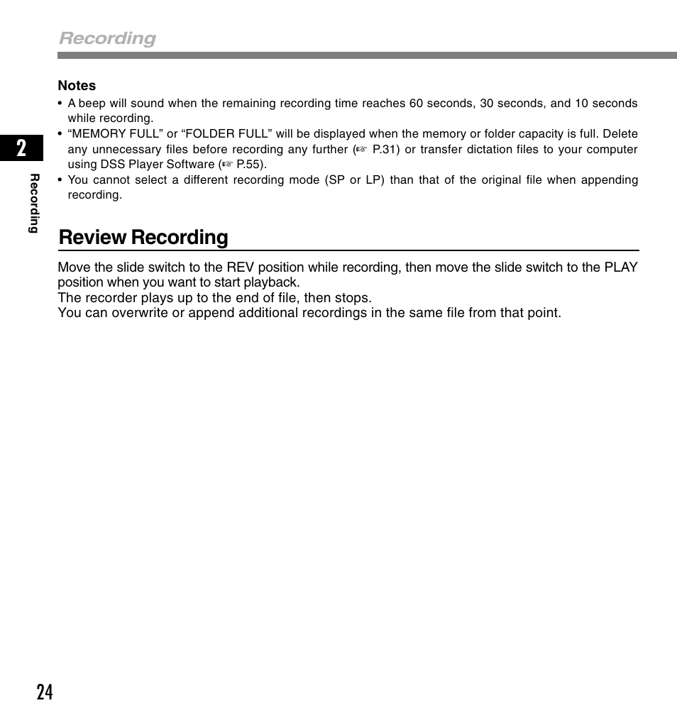 Review recording, Recording | Olympus DS-4000 User Manual | Page 24 / 88