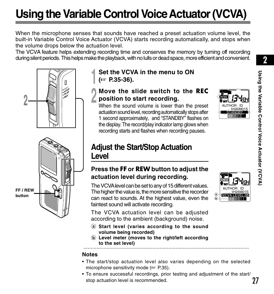 Using the variable control voice actuator (vcva), Adjust the start/stop actuation level | Olympus DS-4000 User Manual | Page 27 / 88