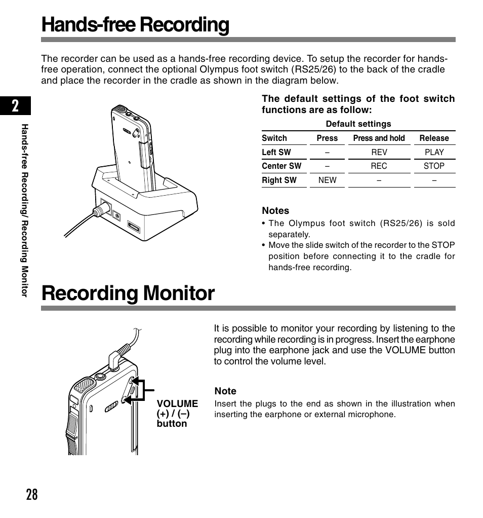 Hands-free recording, Recording monitor | Olympus DS-4000 User Manual | Page 28 / 88