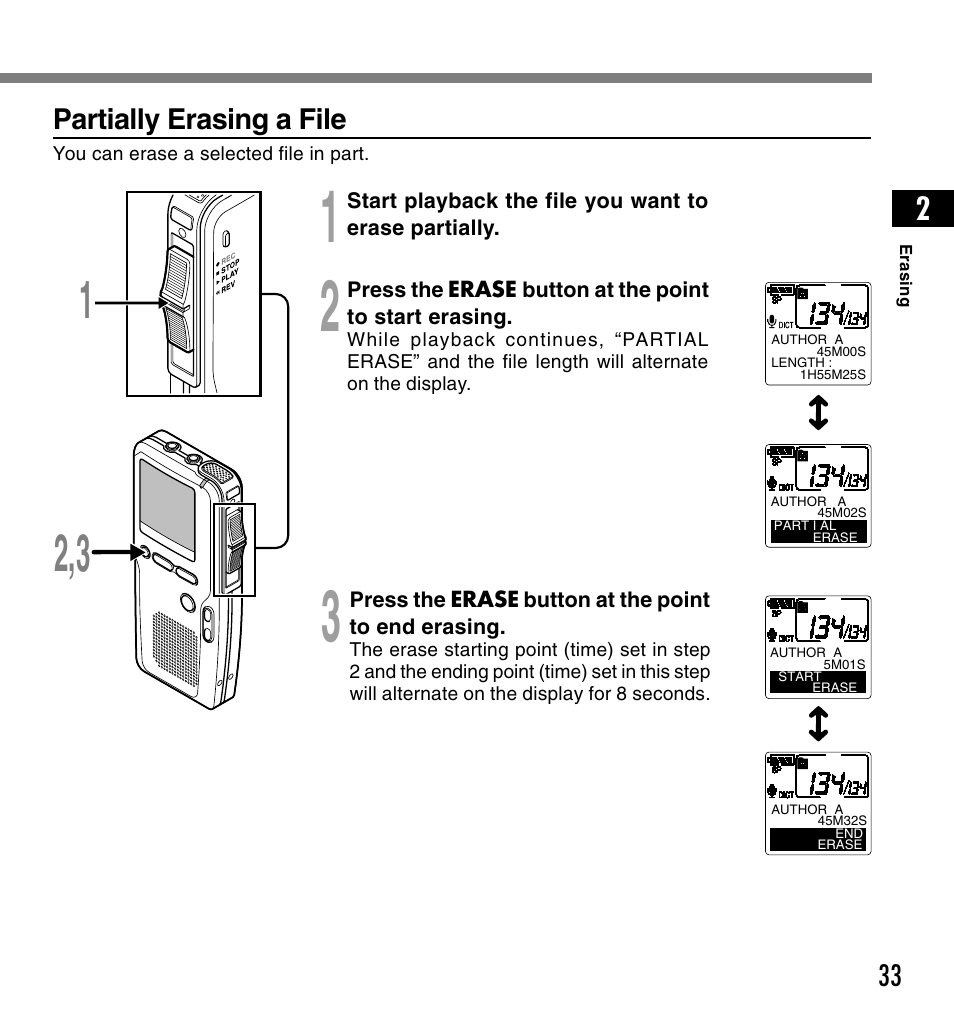 Partially erasing a file | Olympus DS-4000 User Manual | Page 33 / 88