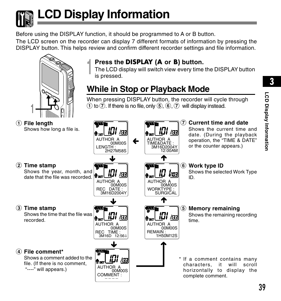 Lcd display information, While in stop or playback mode | Olympus DS-4000 User Manual | Page 39 / 88