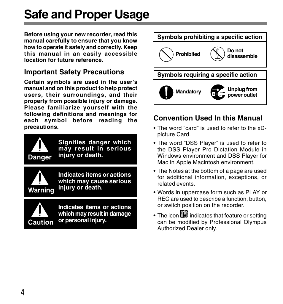 Safe and proper usage | Olympus DS-4000 User Manual | Page 4 / 88