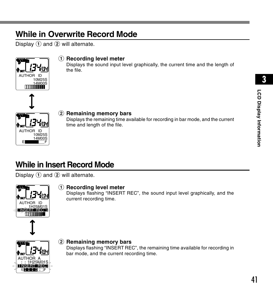 While in overwrite record mode, While in insert record mode | Olympus DS-4000 User Manual | Page 41 / 88