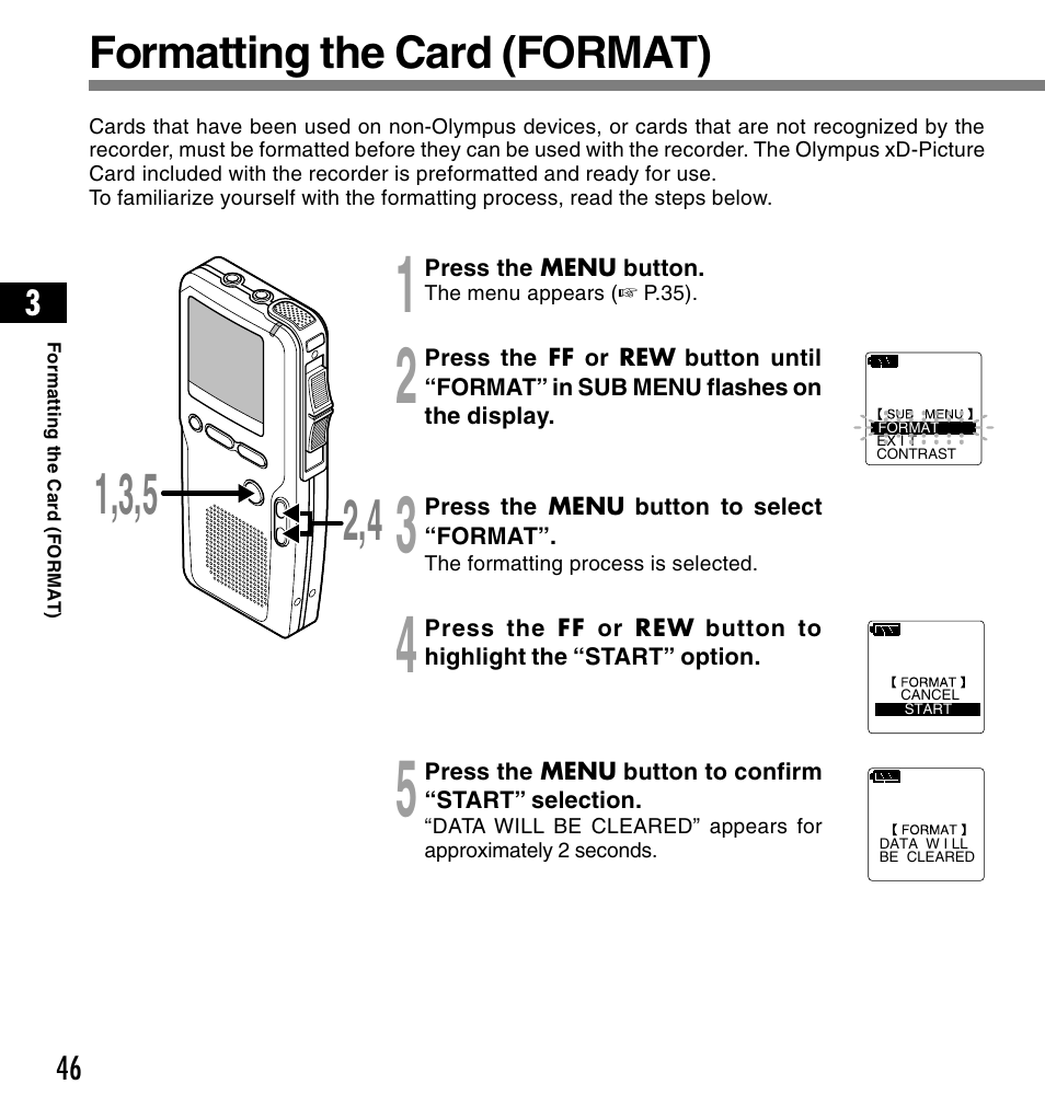 Formatting the card (format) | Olympus DS-4000 User Manual | Page 46 / 88