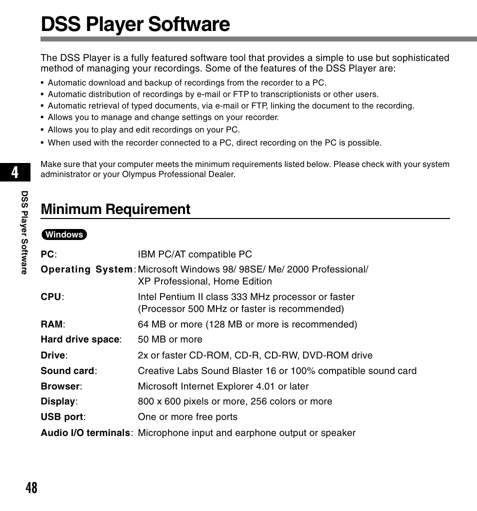 Dss player software, Minimum requirement | Olympus DS-4000 User Manual | Page 48 / 88