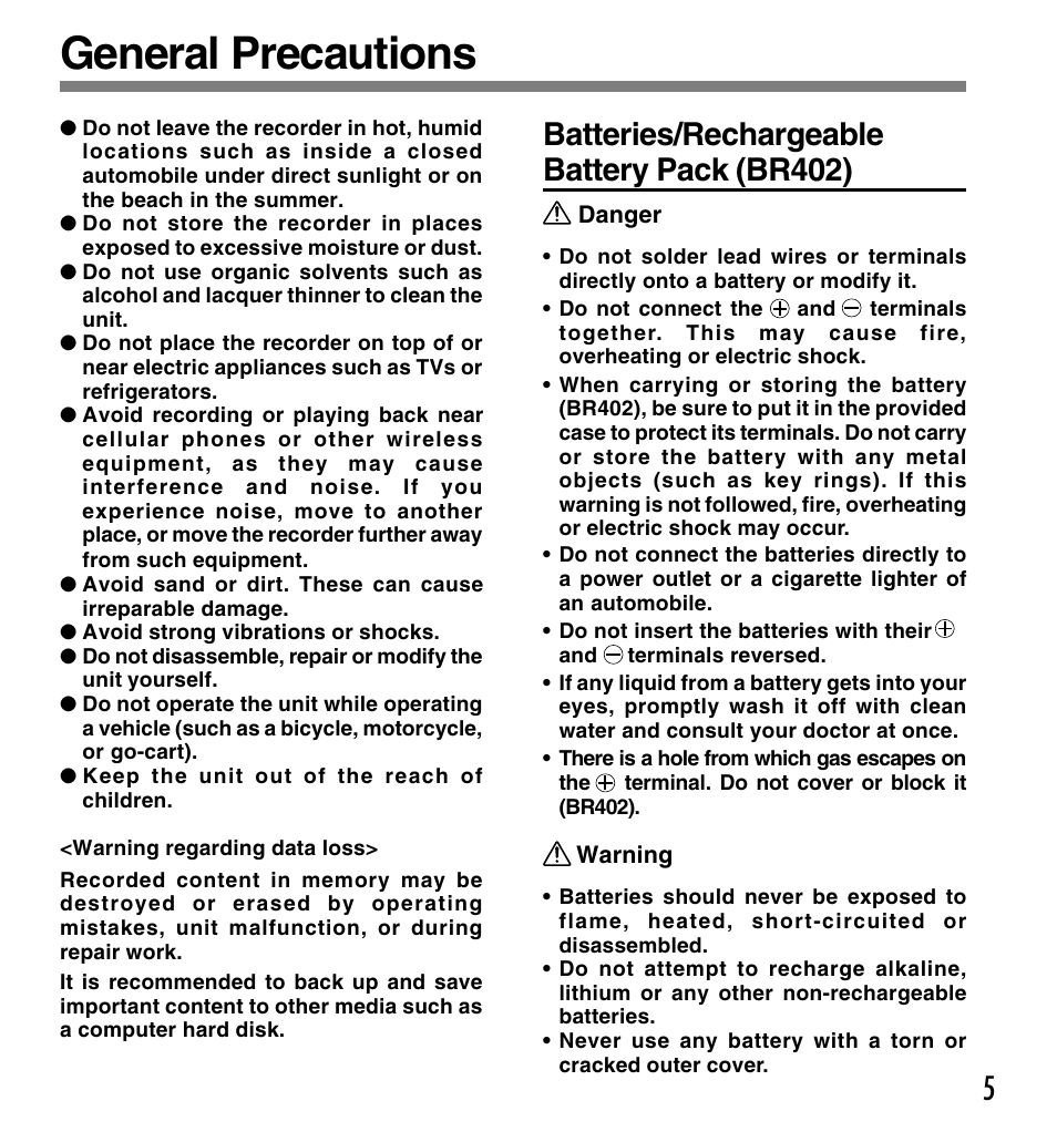 General precautions, Batteries/rechargeable battery pack (br402) | Olympus DS-4000 User Manual | Page 5 / 88
