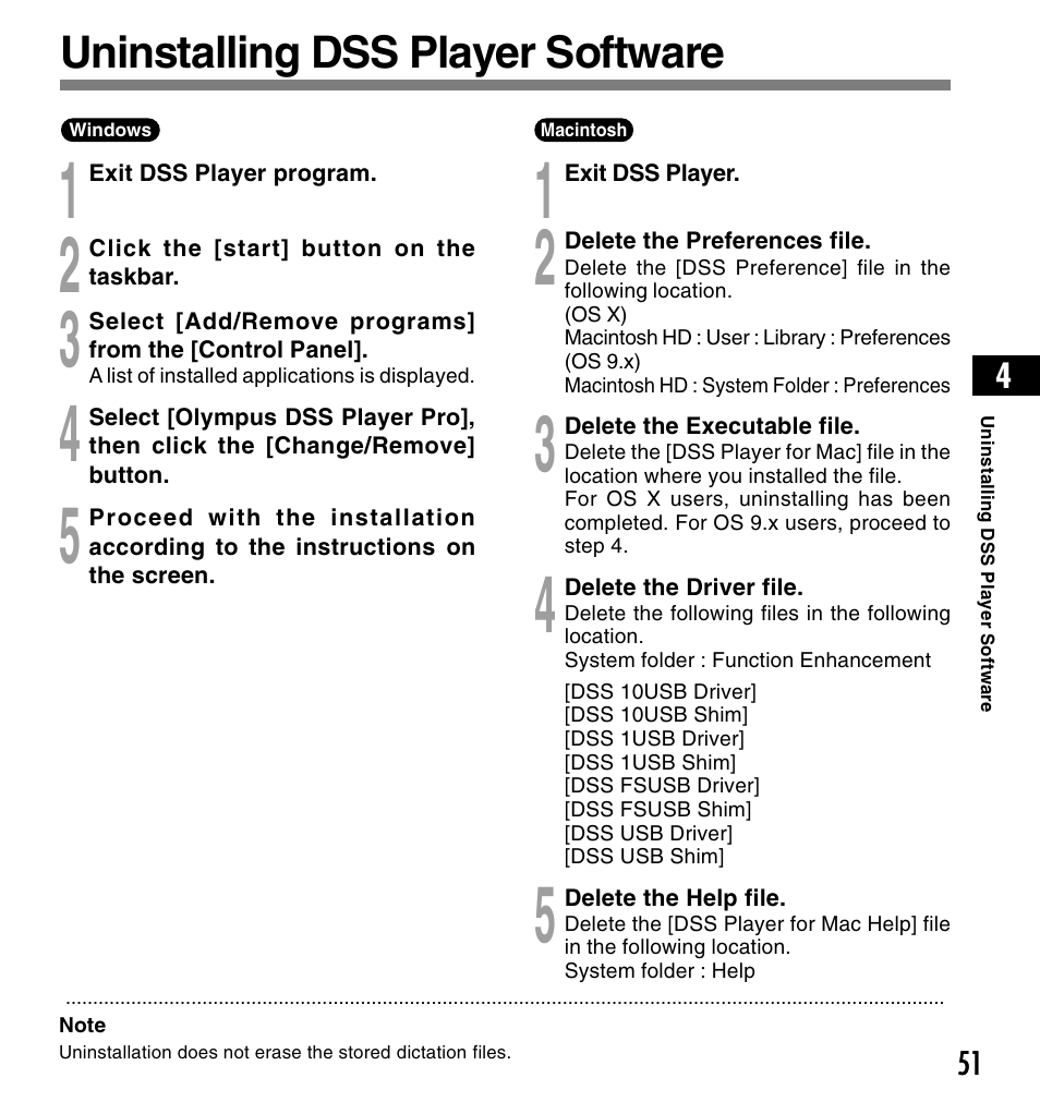 Uninstalling dss player software | Olympus DS-4000 User Manual | Page 51 / 88