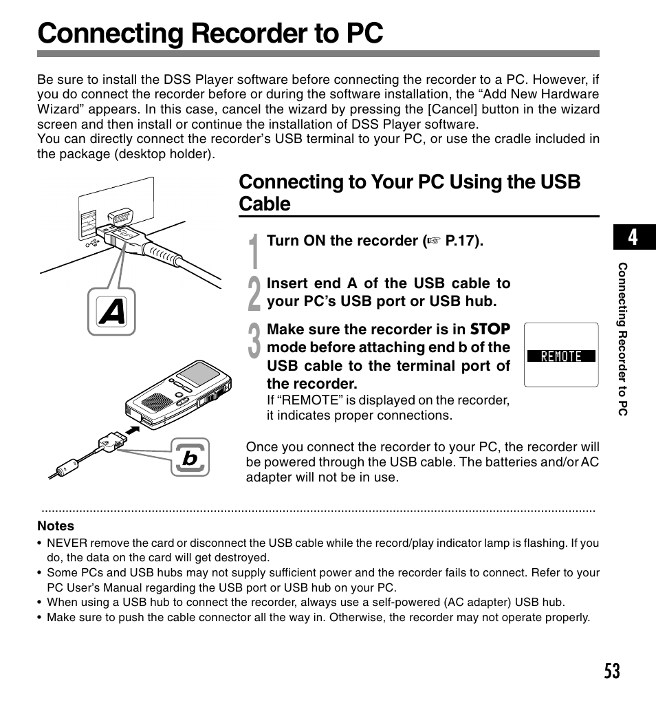 Connecting recorder to pc | Olympus DS-4000 User Manual | Page 53 / 88