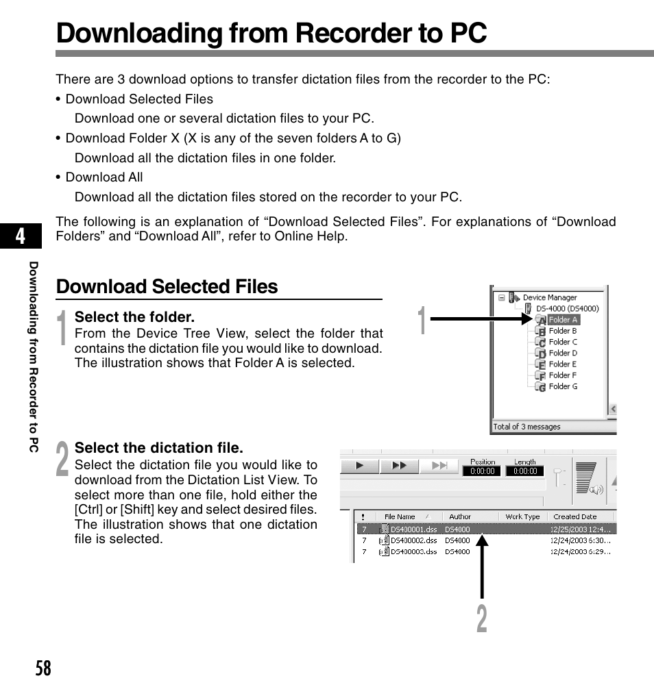 Downloading from recorder to pc | Olympus DS-4000 User Manual | Page 58 / 88