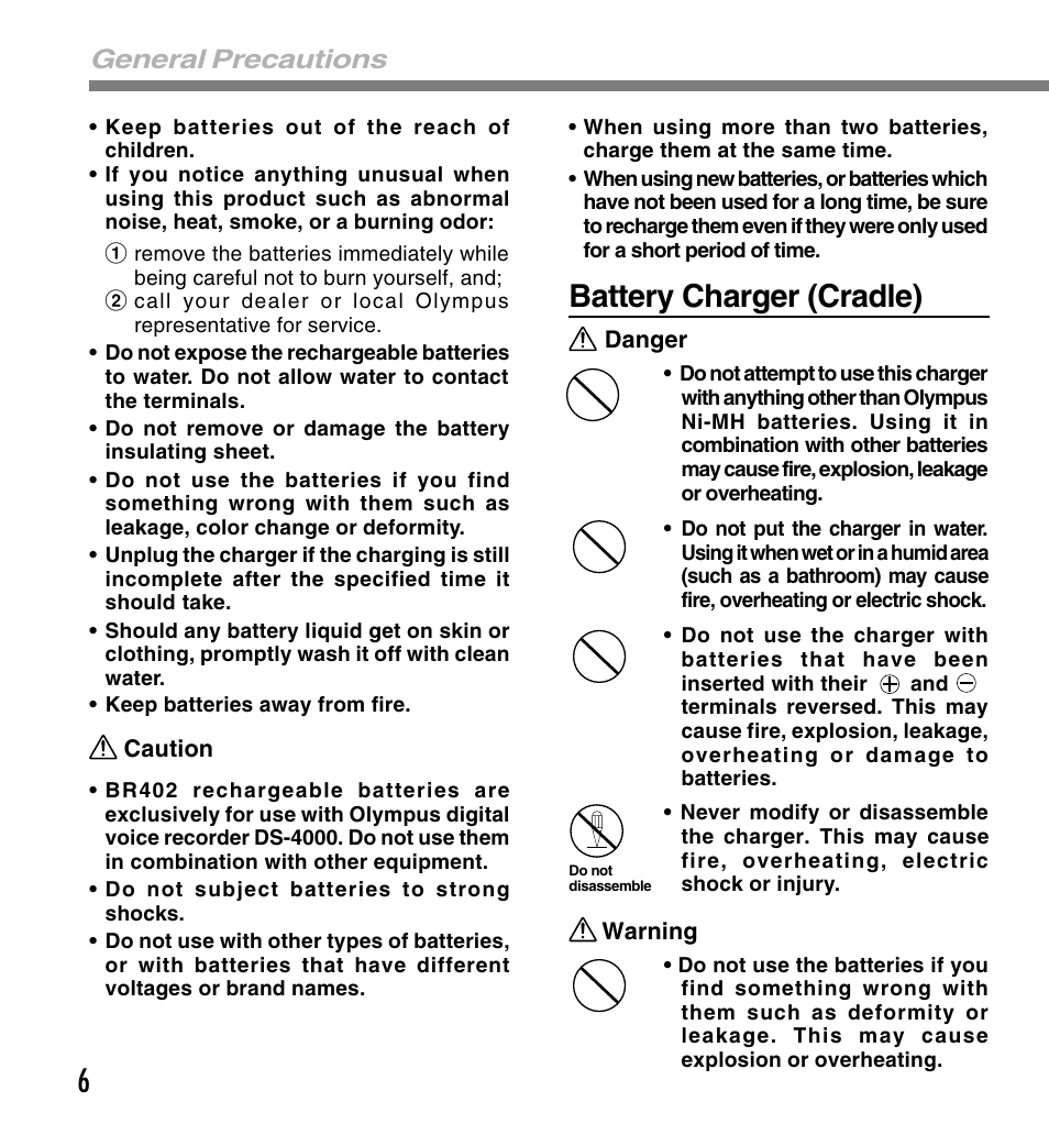 6battery charger (cradle), General precautions | Olympus DS-4000 User Manual | Page 6 / 88