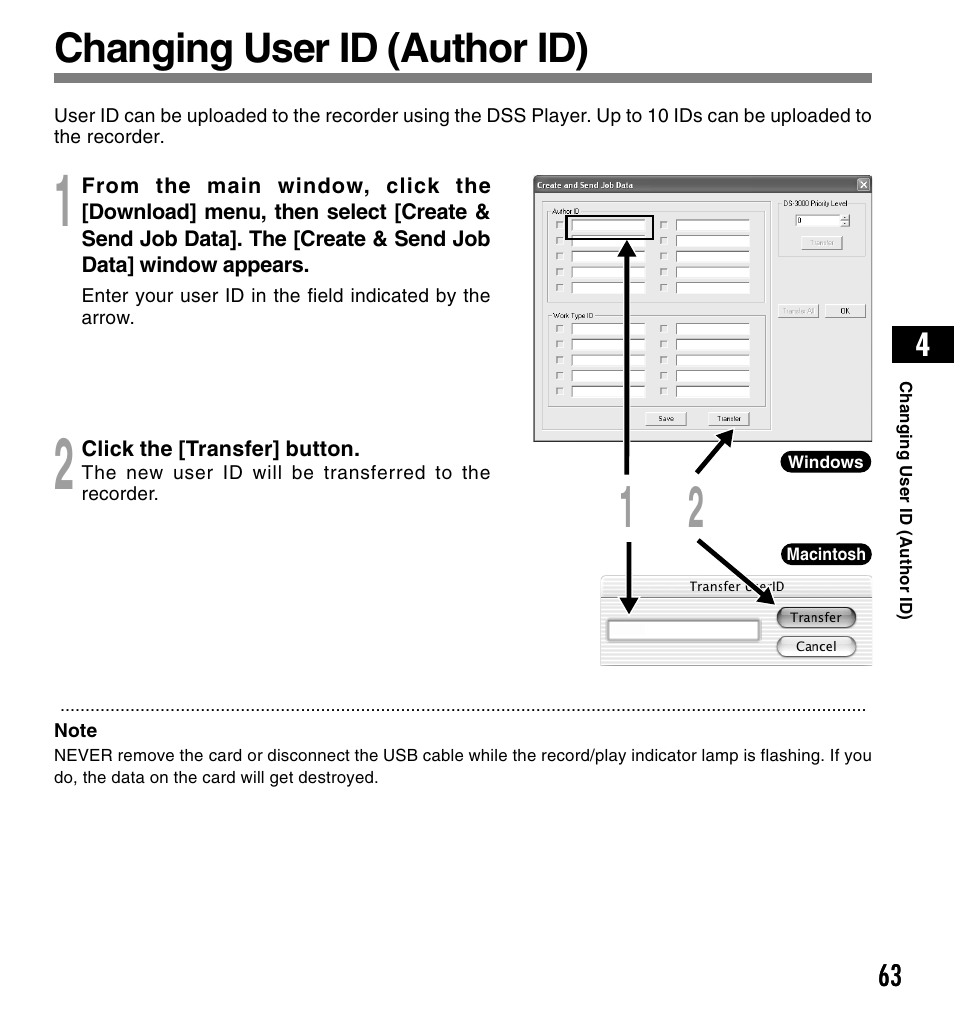 Changing user id (author id) | Olympus DS-4000 User Manual | Page 63 / 88