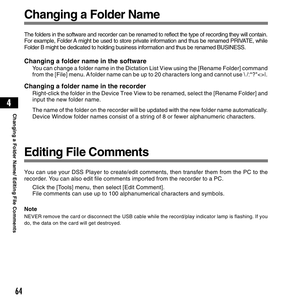 Changing a folder name, Editing file comments | Olympus DS-4000 User Manual | Page 64 / 88