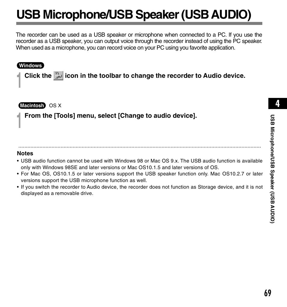Usb microphone/usb speaker (usb audio) | Olympus DS-4000 User Manual | Page 69 / 88