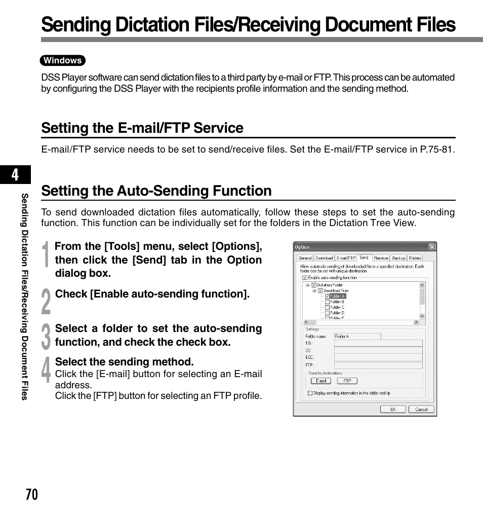 Sending dictation files/receiving document files | Olympus DS-4000 User Manual | Page 70 / 88