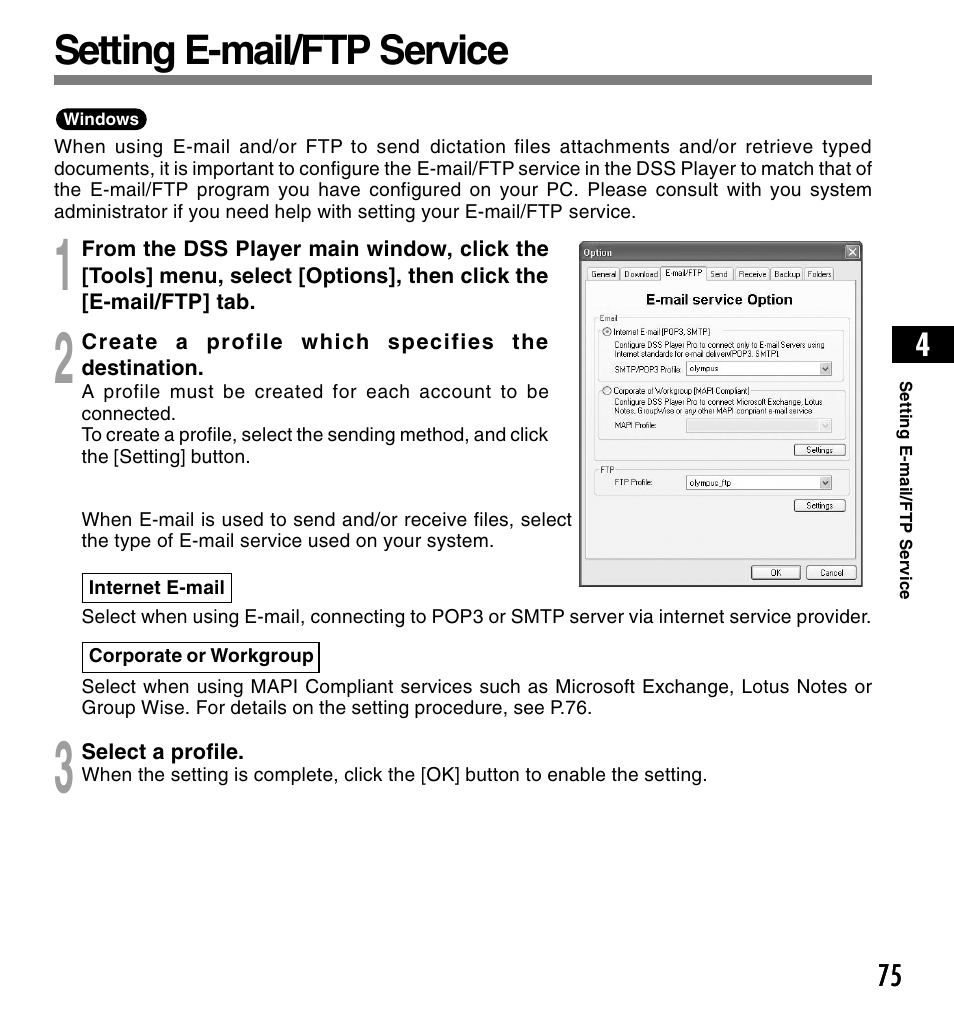 Setting e-mail/ftp service | Olympus DS-4000 User Manual | Page 75 / 88
