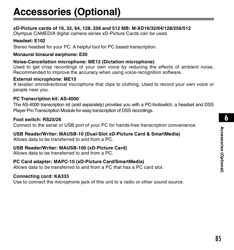Accessories (optional) | Olympus DS-4000 User Manual | Page 85 / 88