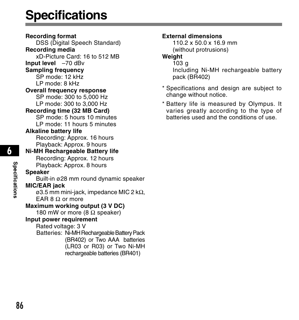 Specifications | Olympus DS-4000 User Manual | Page 86 / 88