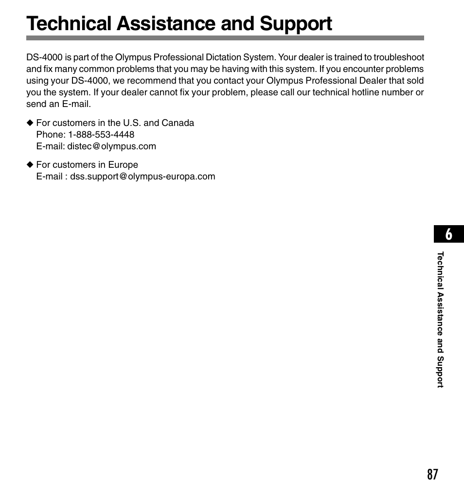 Technical assistance and support | Olympus DS-4000 User Manual | Page 87 / 88