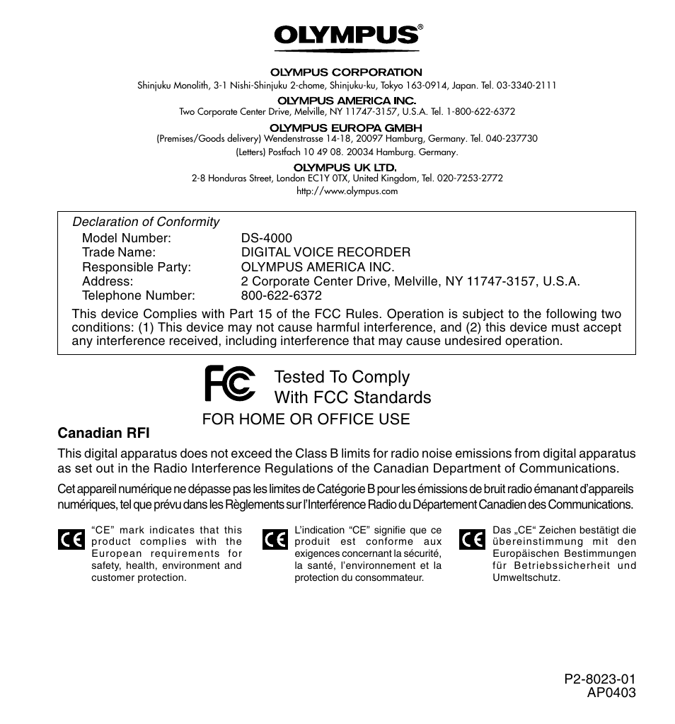 Tested to comply with fcc standards, For home or office use | Olympus DS-4000 User Manual | Page 88 / 88