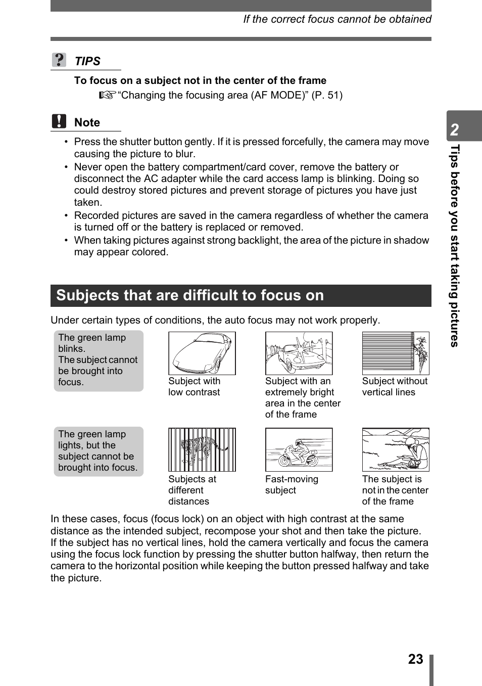 Subjects that are difficult to focus on | Olympus Stylus 600 Digital User Manual | Page 23 / 157
