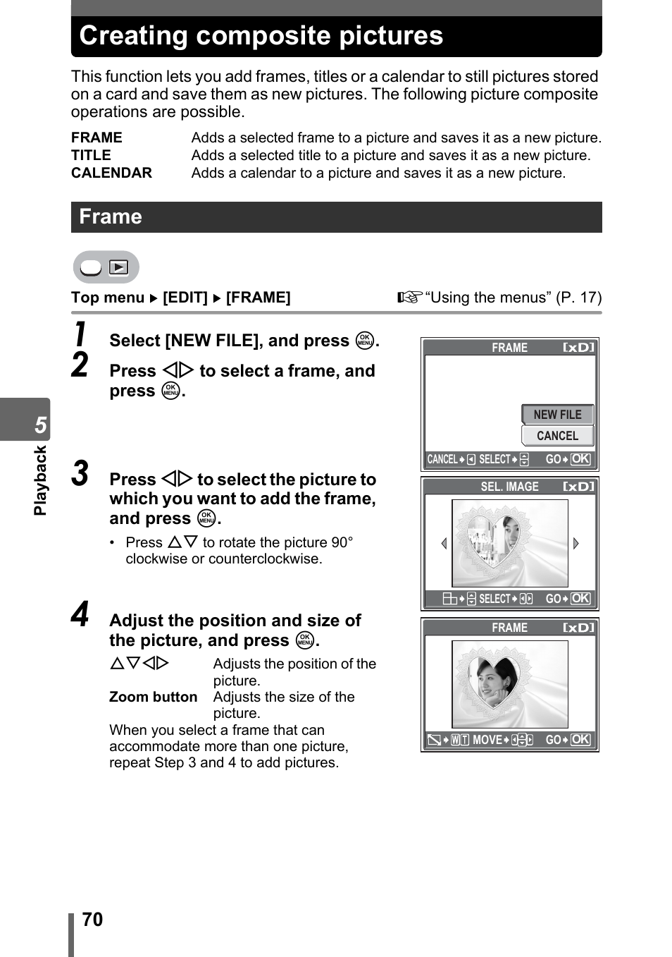 Creating composite pictures, Frame | Olympus Stylus 600 Digital User Manual | Page 70 / 157