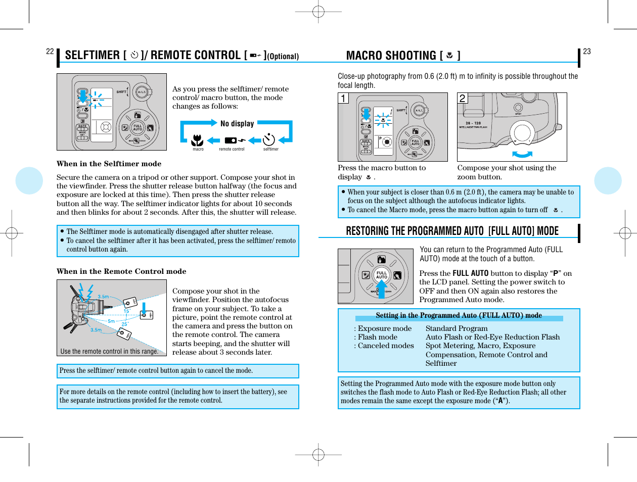 Macro shooting, Selftimer [ ]/ remote control, Restoring the programmed auto [full auto] mode | Olympus IS-50 QD User Manual | Page 12 / 15