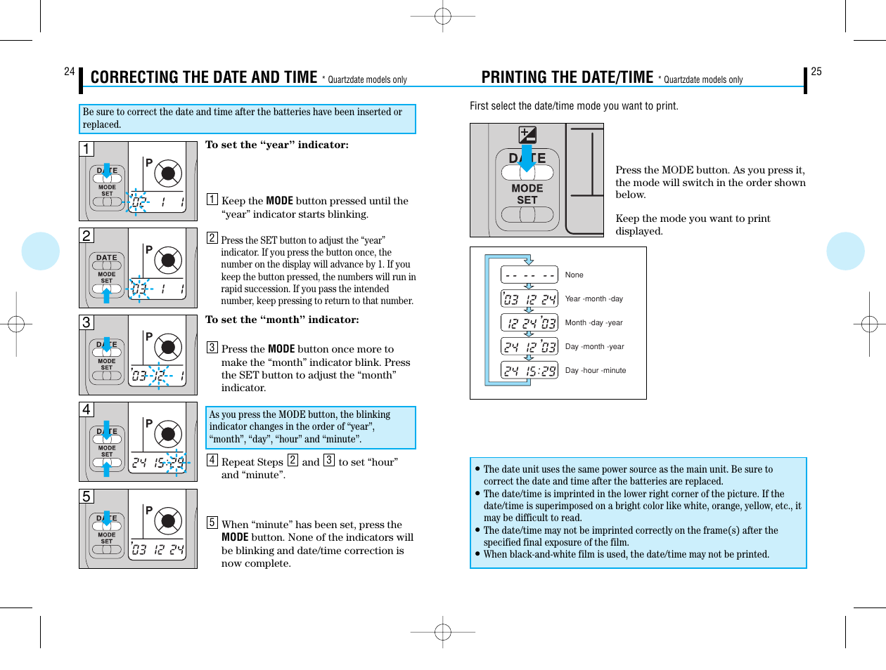 Printing the date/time, Correcting the date and time | Olympus IS-50 QD User Manual | Page 13 / 15
