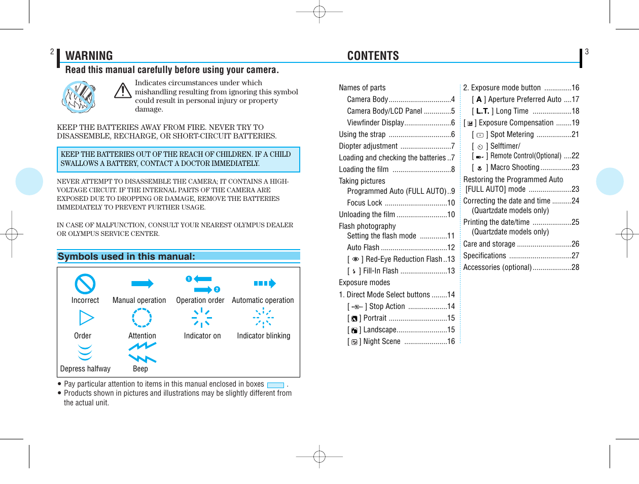 Warning contents | Olympus IS-50 QD User Manual | Page 2 / 15