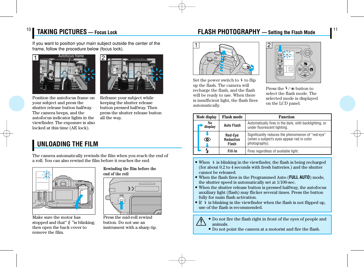 Flash photography, Taking pictures, Unloading the film | Olympus IS-50 QD User Manual | Page 6 / 15