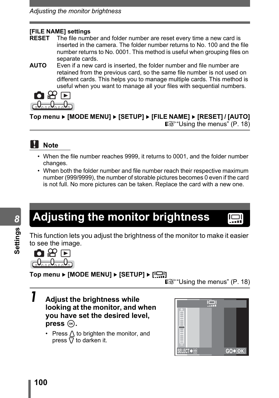 Adjusting the monitor brightness | Olympus IR-300 User Manual | Page 100 / 182