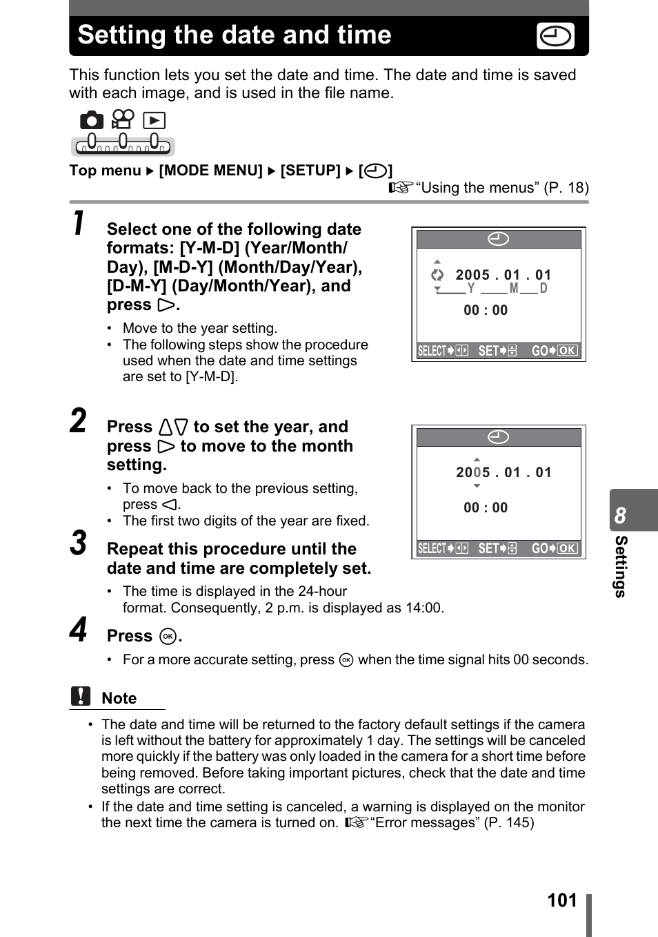 Setting the date and time | Olympus IR-300 User Manual | Page 101 / 182