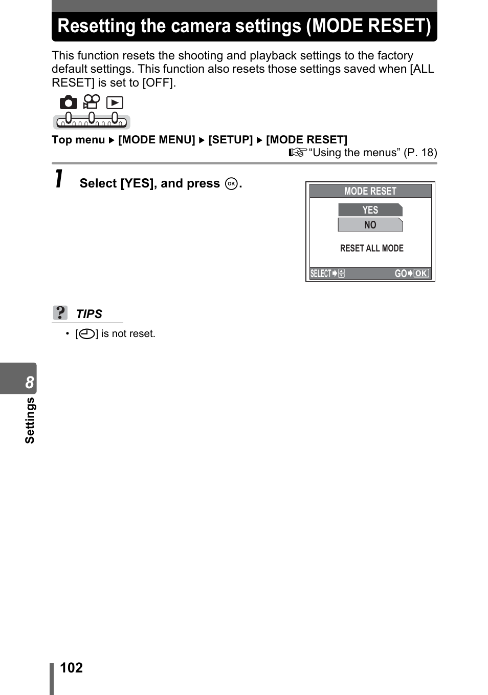 Resetting the camera settings (mode reset) | Olympus IR-300 User Manual | Page 102 / 182