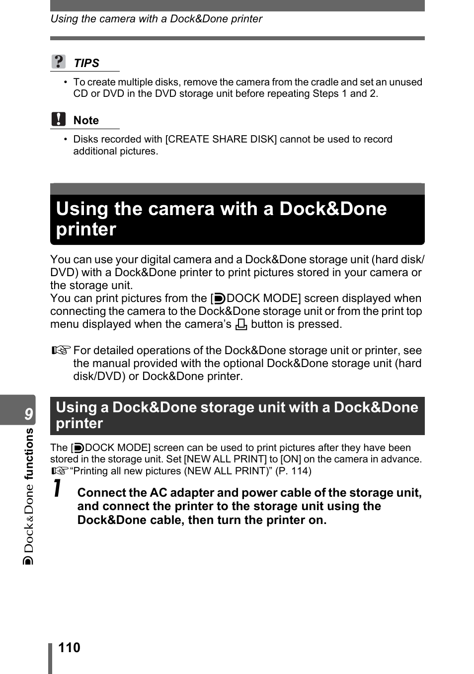 Using the camera with a dock&done printer, Using a dock&done storage unit with a, Dock&done printer | Using the camera with a dock&done, Printer” (p. 110) | Olympus IR-300 User Manual | Page 110 / 182