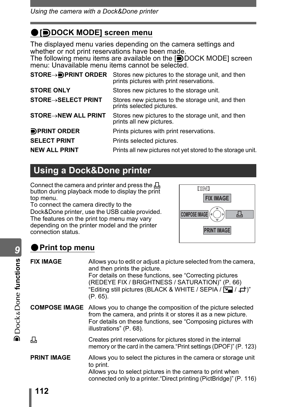 Using a dock&done printer, Gp. 112, Dock mode] screen menu | P. 112), Print top menu | Olympus IR-300 User Manual | Page 112 / 182