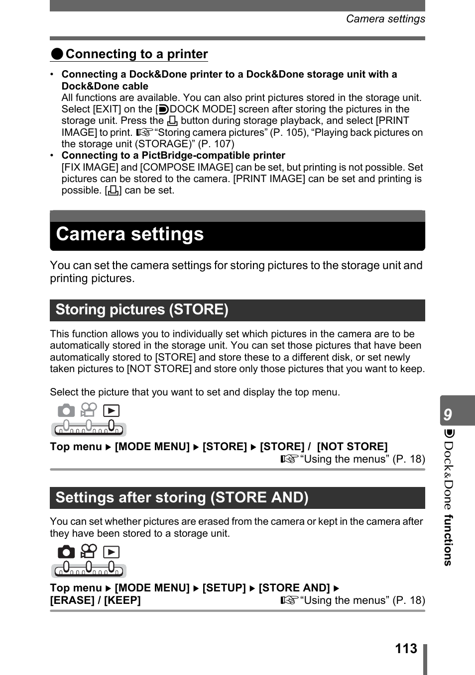 Camera settings, Storing pictures (store), Settings after storing (store and) | Camera settings” (p. 113), G“storing pictures (store)” (p. 113), G“settings after storing (store and), P. 113) | Olympus IR-300 User Manual | Page 113 / 182