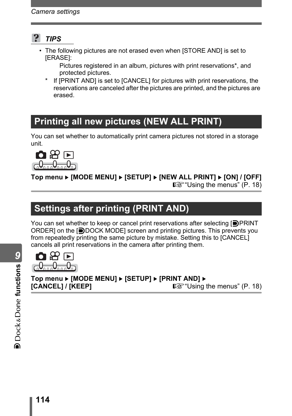 Printing all new pictures (new all print), Settings after printing (print and) | Olympus IR-300 User Manual | Page 114 / 182