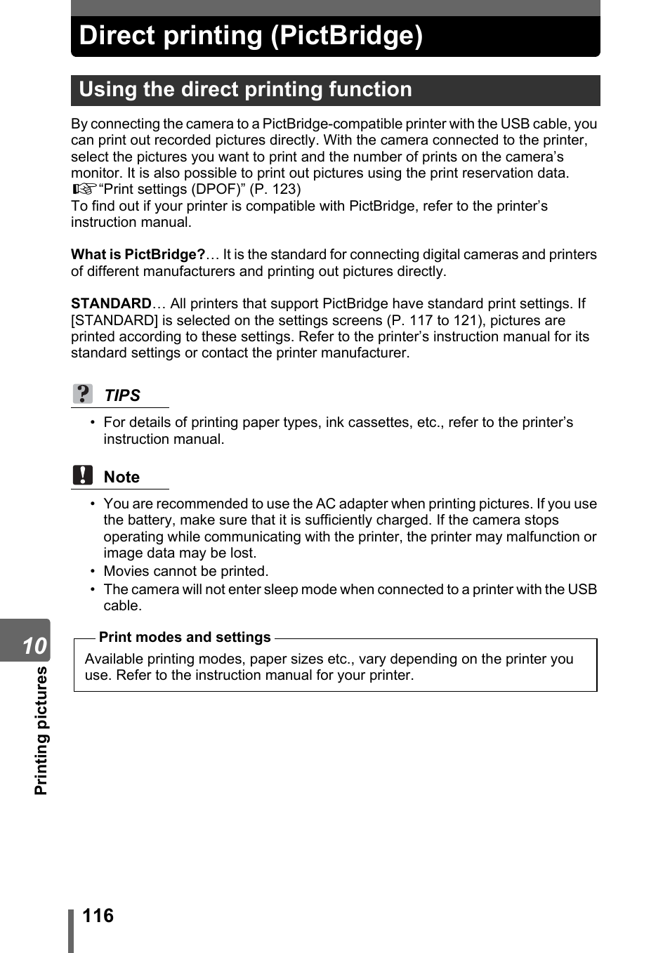 Direct printing (pictbridge), Using the direct printing function, Printer.“direct printing (pictbridge)” (p. 116) | Olympus IR-300 User Manual | Page 116 / 182