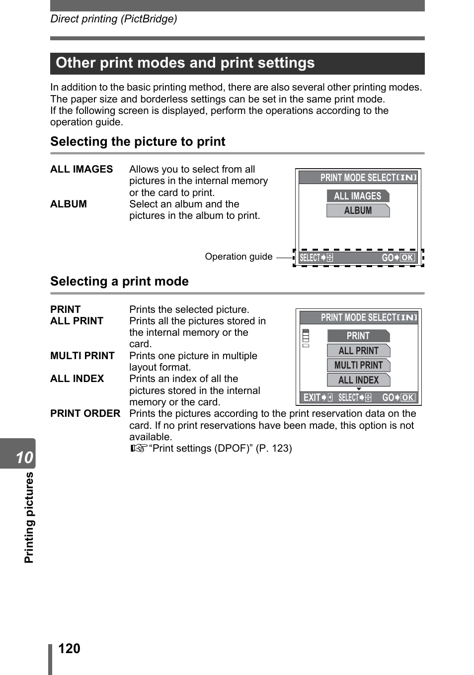 Other print modes and print settings, Selecting the picture to print, Selecting a print mode | Olympus IR-300 User Manual | Page 120 / 182